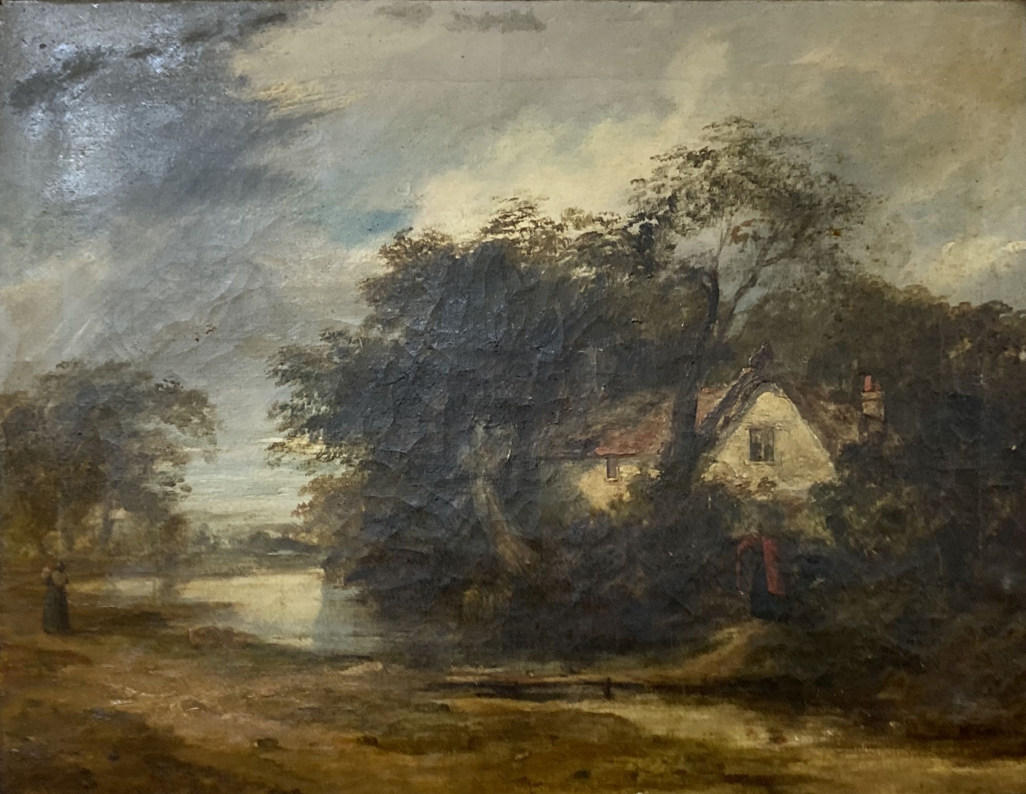 Norwich School, oil on canvas, Landscape with figures passing a cottage, 34 x 44cm